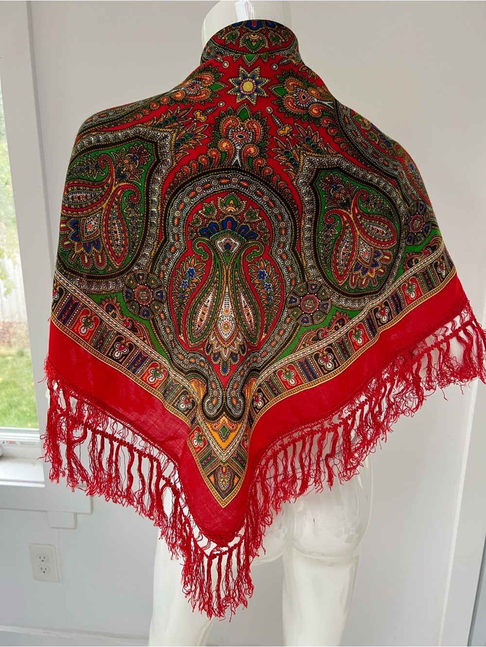 Pure Wool Hand printed Paisley Fringe Scarf  ,Piano Shawl .Made in Germany